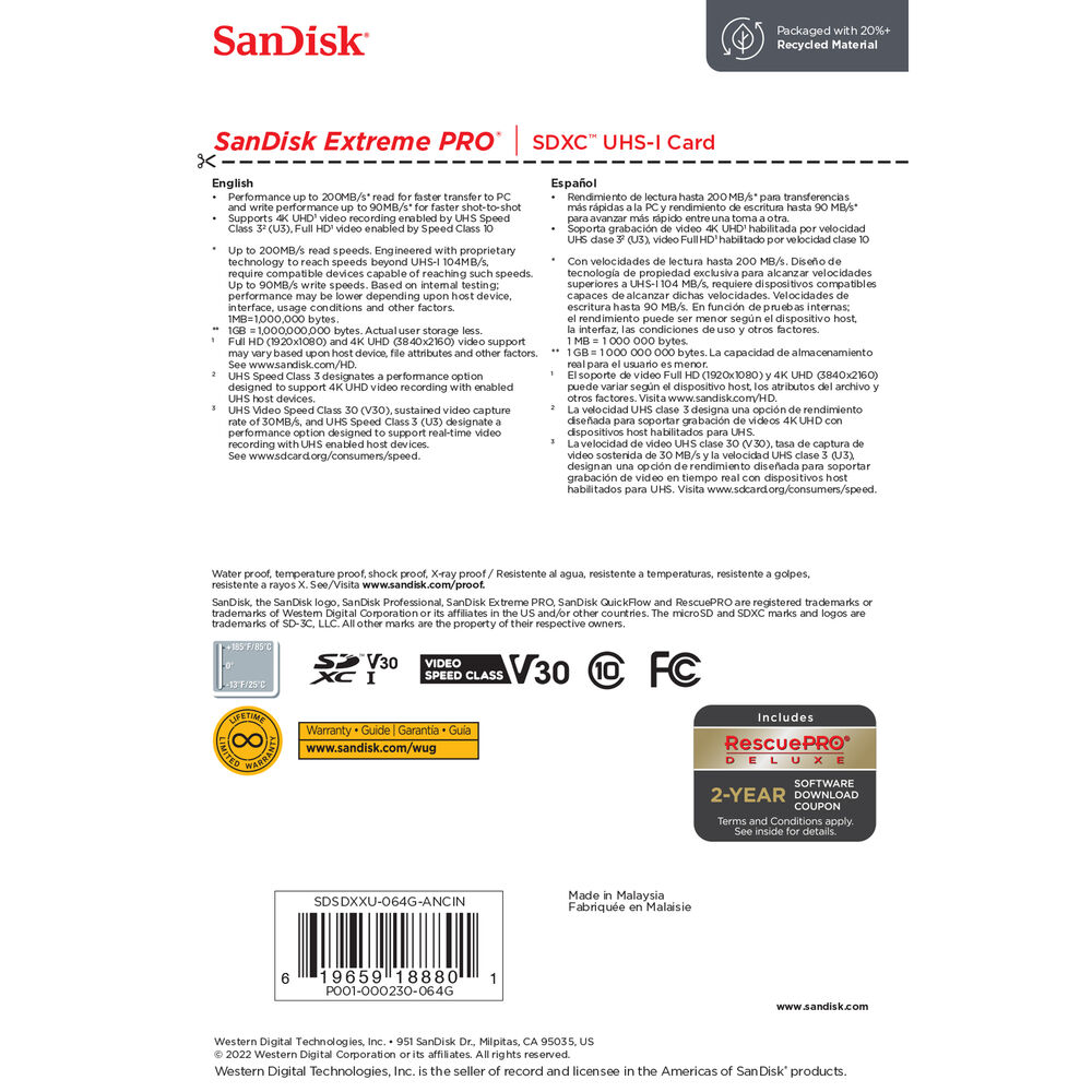 SanDisk SDXC 64GB Extreme Pro 200MB/s UHS-I Class10 U3 V30 - 5